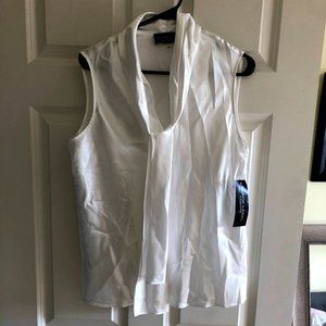 White silk pussy bow blouse tank women's L BNWT